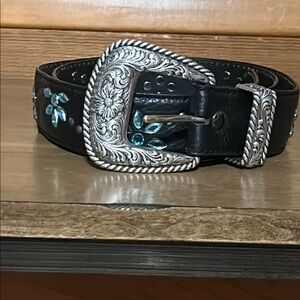 Ariat Black Leather Belt with Silver Buckle and Blue Accents